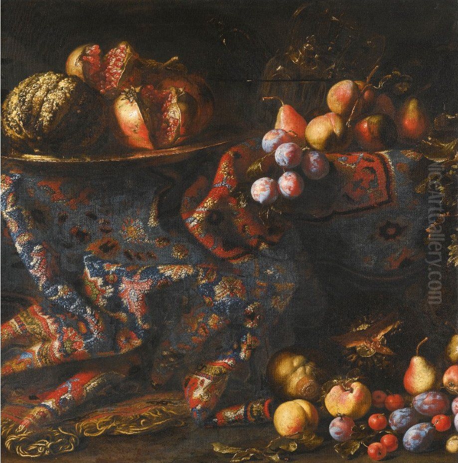 Still Life of Pomegranates, Peaches, Apples and other Fruit Displayed on a Draped Carpet Oil Painting by Francesco Maltese