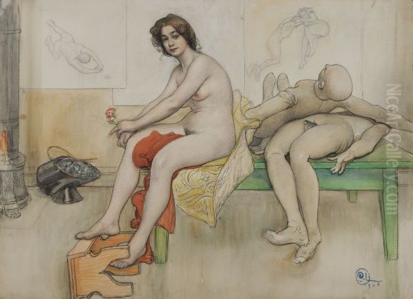 Pa modellbordet Oil Painting by Carl Larsson