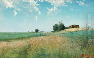 Summer landscape with a thatched farm on a hilltop.