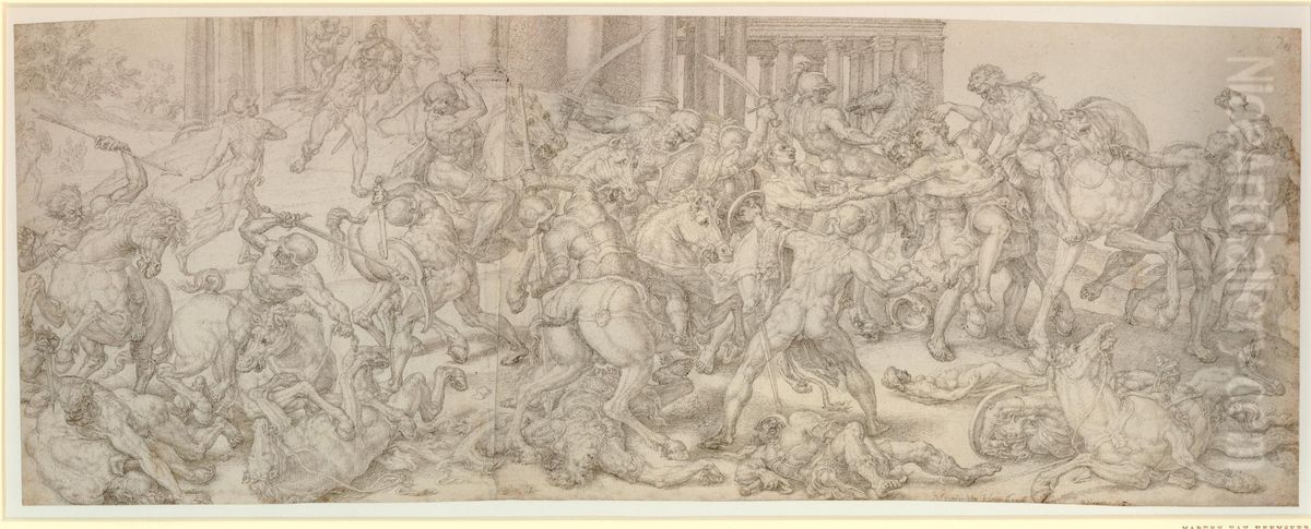 A battle with soldiers plundering a temple Oil Painting by Maarten Van Heemskerck