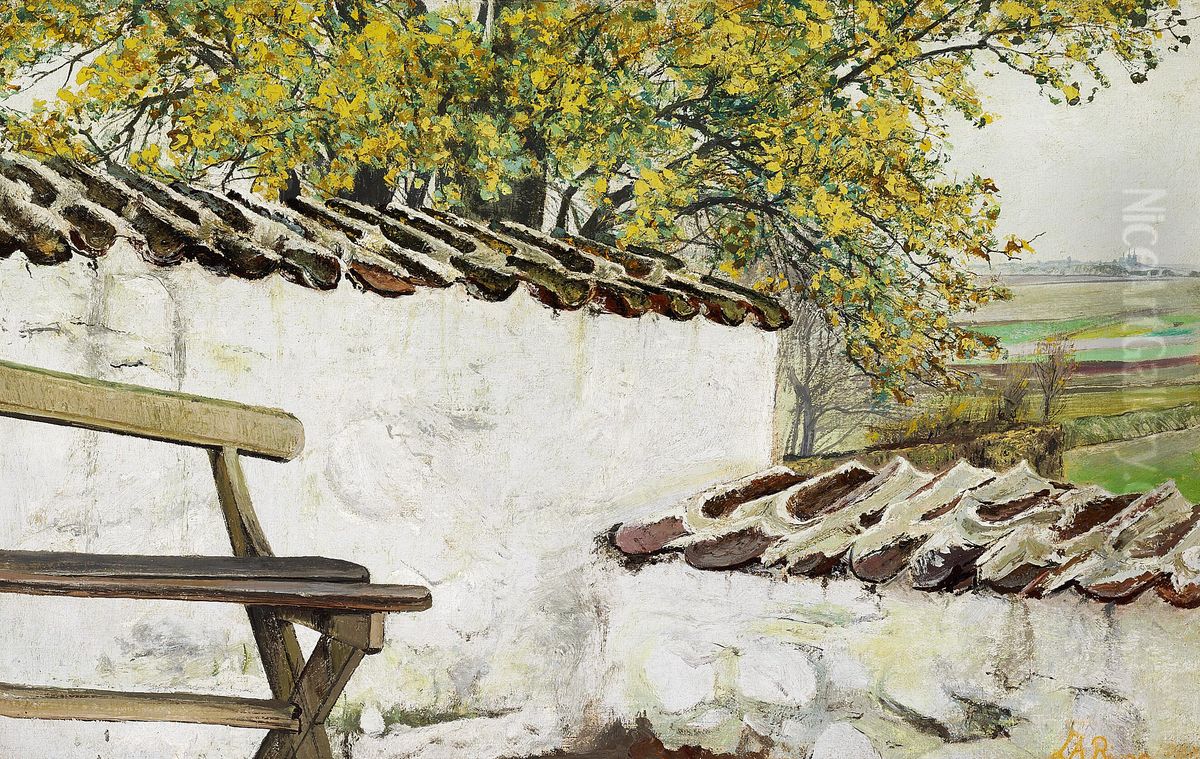 Study from the churchyard of Flong. A tree with autumn leaves and a bench at the churchyard wall. Oil Painting by Laurits Andersen Ring