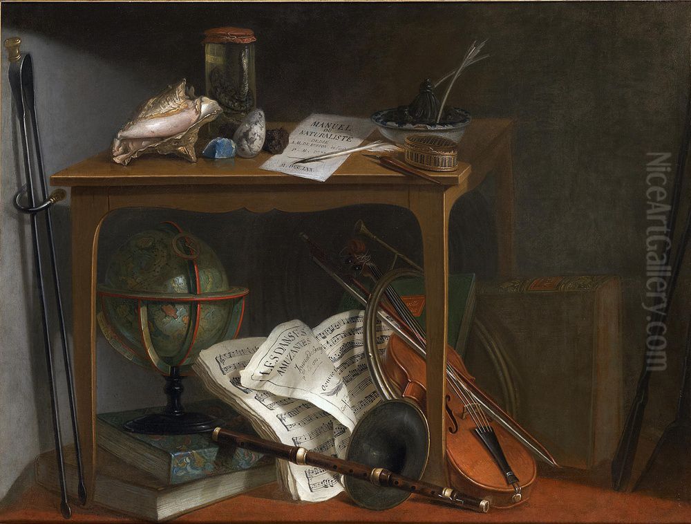 Curiosity objects on a table covered by a world map and musical instruments Oil Painting by Nicolas Henri Jeaurat de Bertry Curiosity objects on a table covered by a world map and musical instruments Oil Painting by Nicolas Henri Jeaurat de Bertry