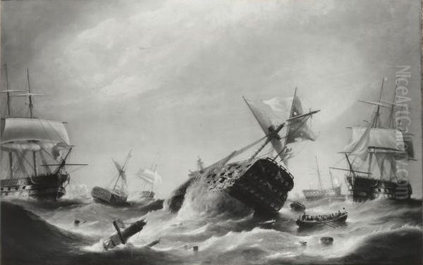 Oct. 22nd 1805 The Day After Trafalgar -Hms Neptune And Hms Prince Clearing And Sinking The Santissima Trinidad, 130 Guns, The Largest Ship In The Action Oil Painting by unknown