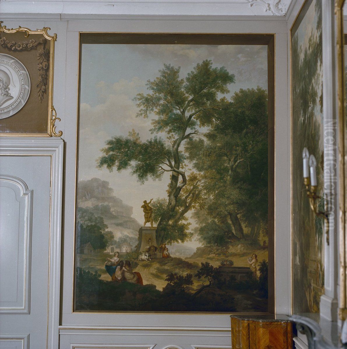 Klassiek arcadisch landschap met standbeeld van Hades en Proserpina, 1770 gedateerd Oil Painting by Jurriaen Andriessen
