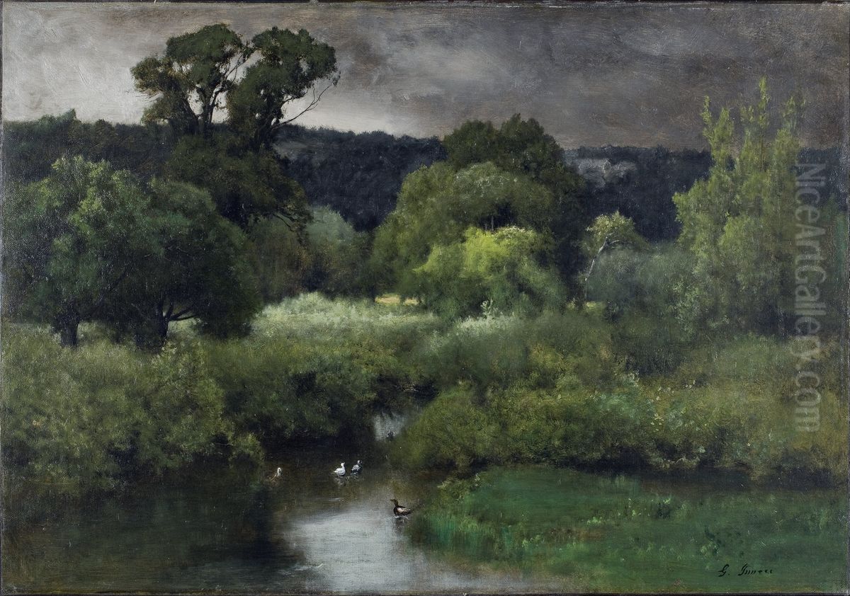 A Gray, Lowery Day Oil Painting by George Inness