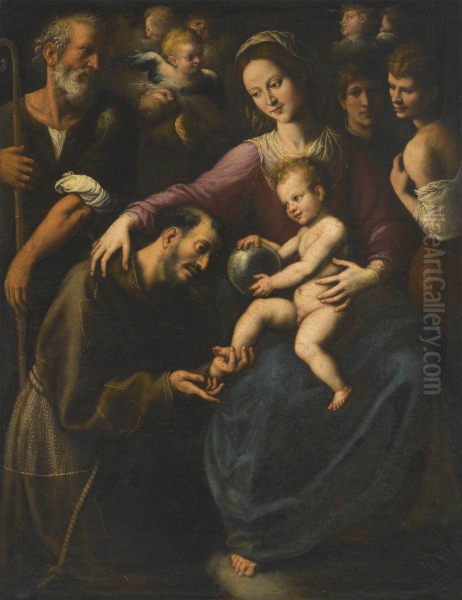 The Holy Family with Saint Francis of Assisi adoring the Christ Child Oil Painting by Fabrizio Santafede