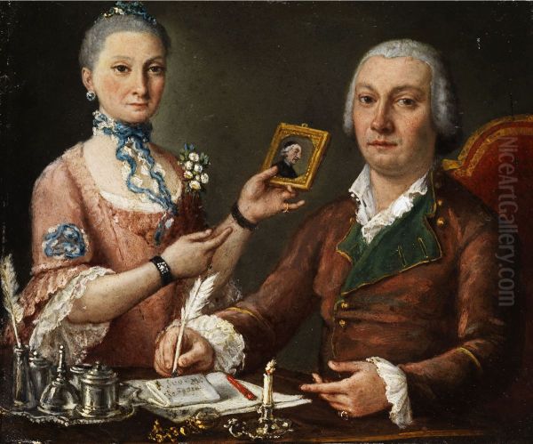 Couple at a table with inkwell and candle Oil Painting by Pietro Fabris