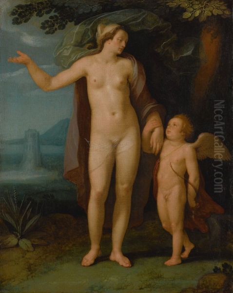 Venus and Cupid in a landscape Oil Painting by Cornelis van Haarlem