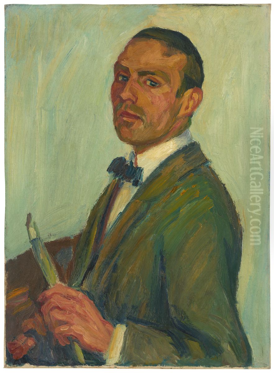 Self-portrait with paintbrush and palette Oil Painting by Karl Krebs