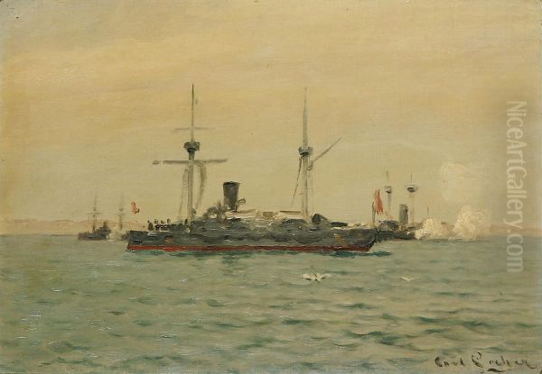 A Danish naval squadron at sea. Oil Painting by Carl Locher