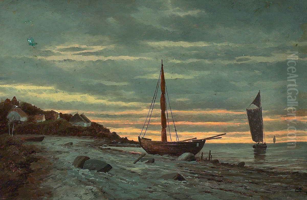 A beach with sailing boats, early morning. Oil Painting by Carl Locher