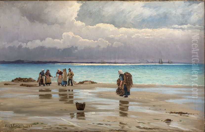 Fisherwomen gathering nets on the beach at Hornbaek. Oil Painting by Carl Locher
