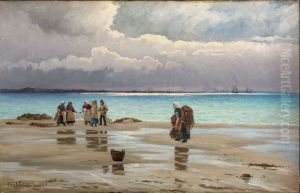Fisherwomen gathering nets on the beach at Hornbaek.