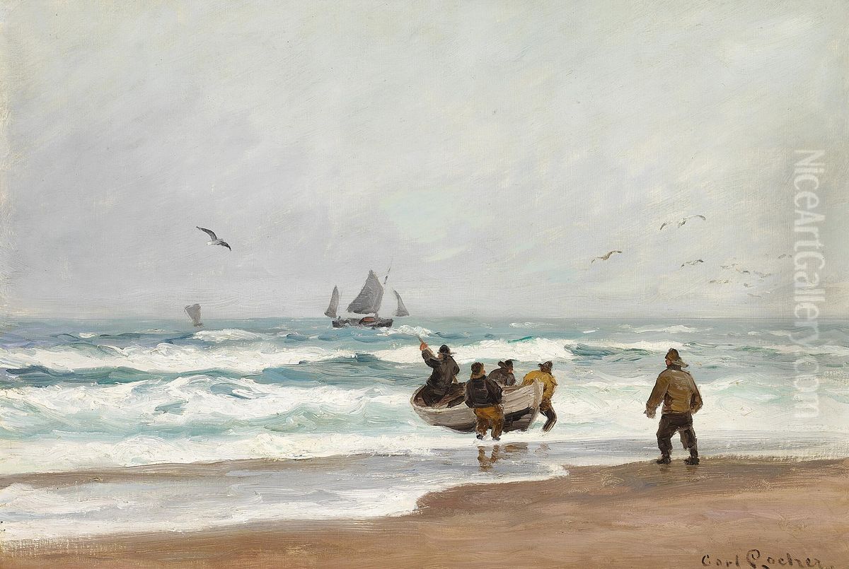 Fishermen with their boat on a beach on a rainy day. Oil Painting by Carl Locher