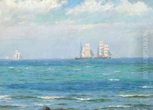 A three-masted barque and a brigantine at sea.