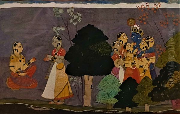 Krishna's dalliance with gopis Oil Painting by Manaku