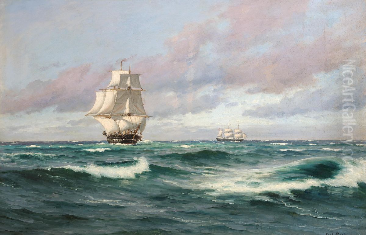 Sailing ships at sea. Oil Painting by Carl Locher