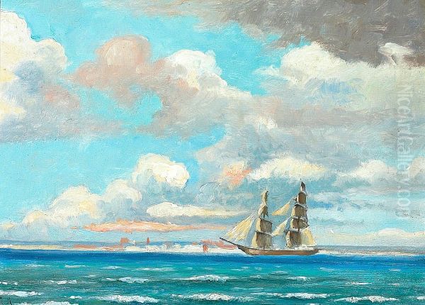 A brig off a coast. Oil Painting by Carl Locher