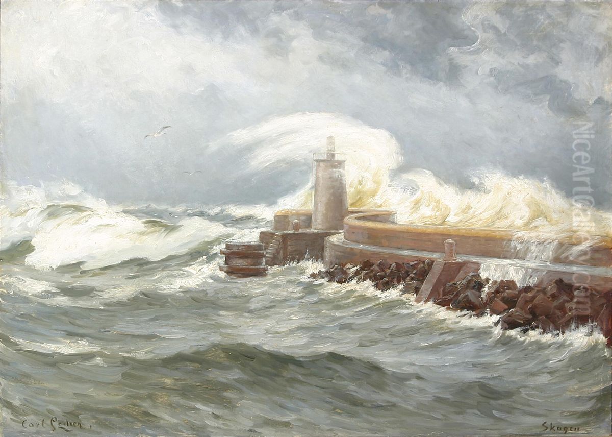 Stormy weather at the pier of Skagen. Oil Painting by Carl Locher
