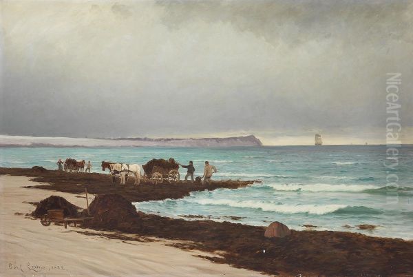 Collecting seaweed on the beach at Hornbaek. Oil Painting by Carl Locher