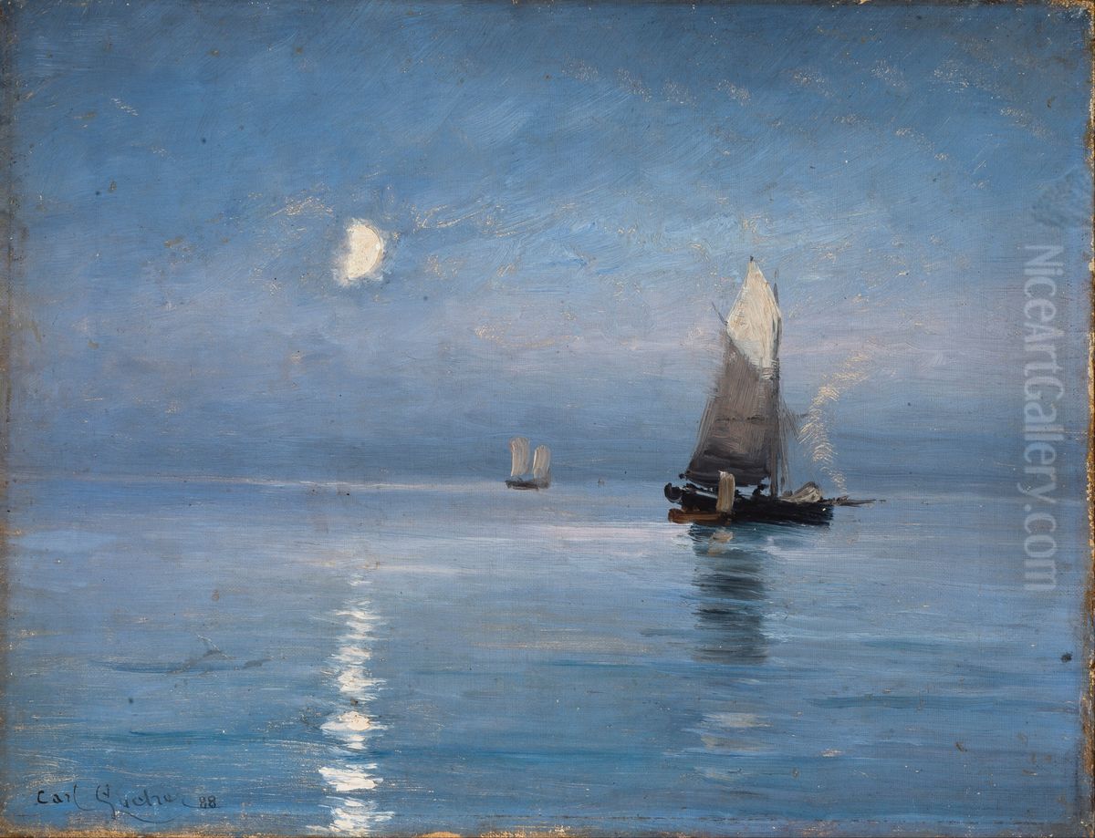 Fishing cutters in the moonlit night Oil Painting by Carl Locher