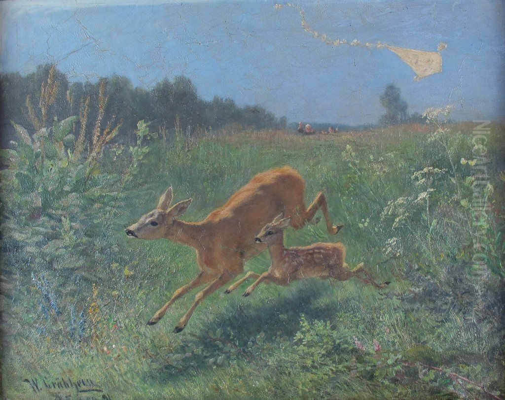 Springendes Reh mit Kitz auf Sommerweise Oil Painting by Wilhelm Grabhein