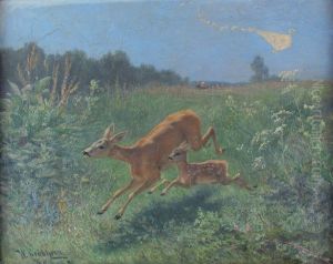 Springendes Reh mit Kitz auf Sommerweise