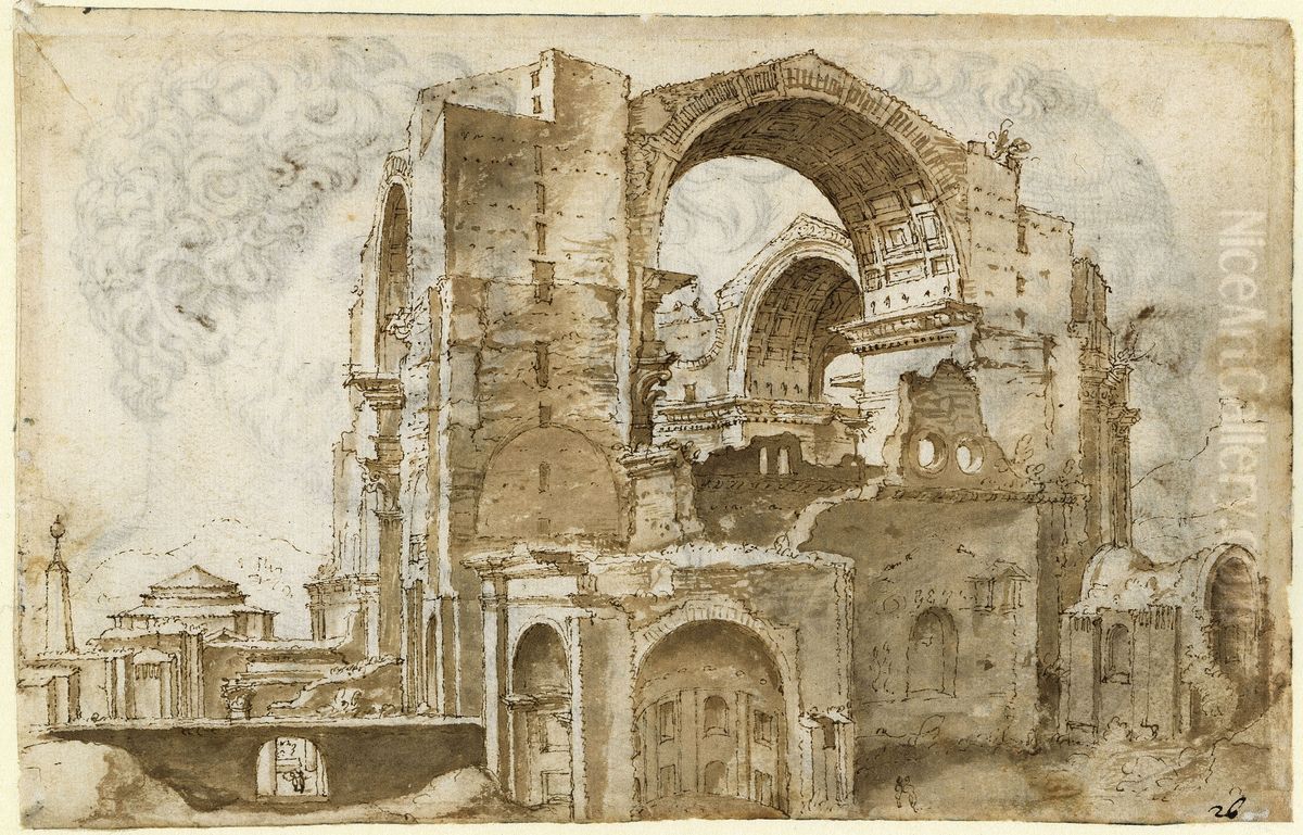 Crossing pillar of St. Peter's Basilica and northern transept of the old basilica Oil Painting by Maarten Van Heemskerck