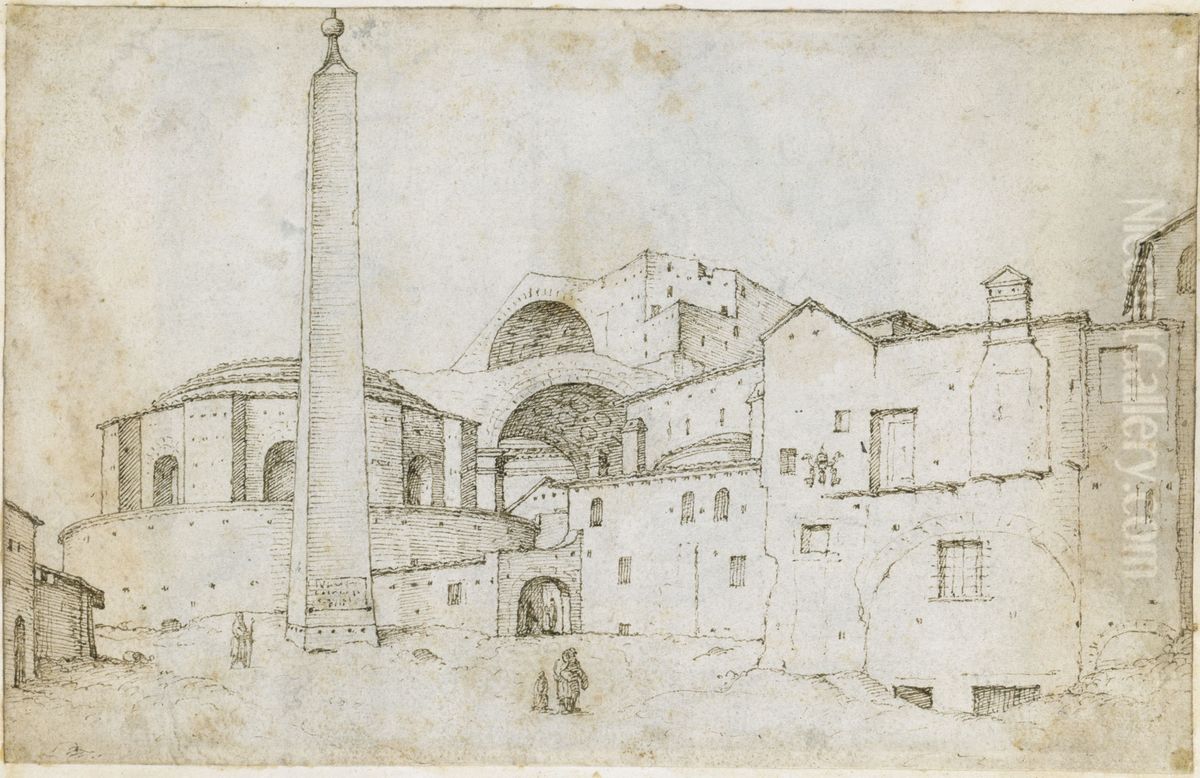 Vatican obelisk in front of Santa Maria della Febbre Oil Painting by Maarten Van Heemskerck
