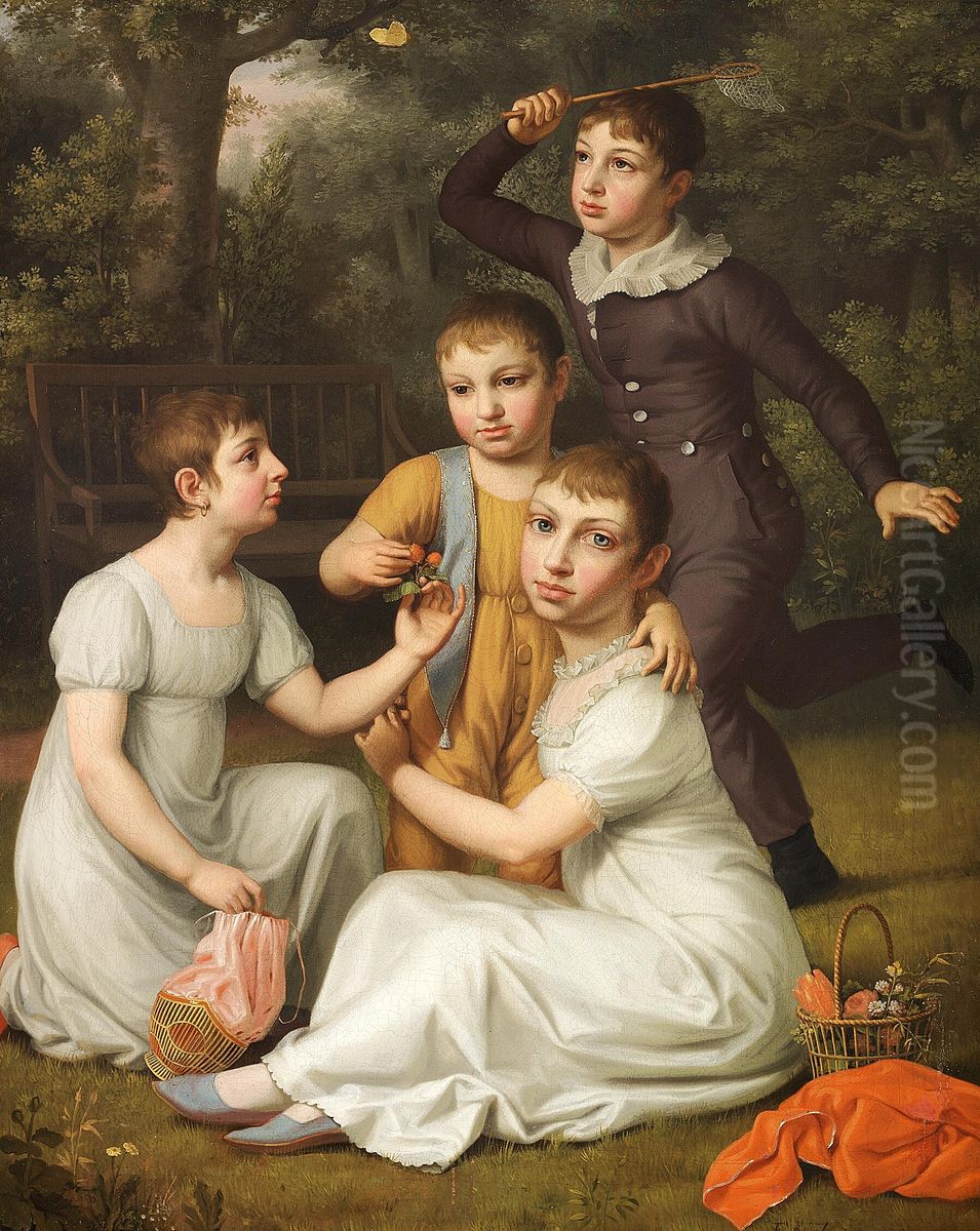 Portrait of the four children of the landowner and vice governor of West India, Sobotker, portrayed in the gardens of Hummeltofte. Oil Painting by Christoffer Wilhelm Eckersberg