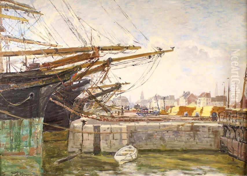 Docked Sailboats Oil Painting by Edmond Marie Petitjean