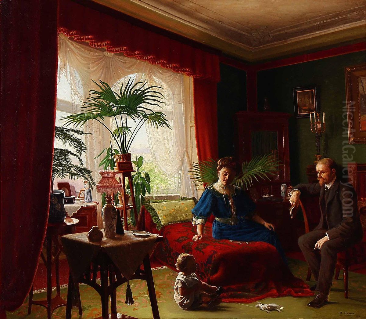 Victorian interior with a family. Oil Painting by Aage Exner