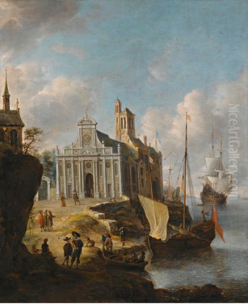 A Capriccio of a Mediterranean Port Oil Painting by Jan Abrahamsz Beerstraaten