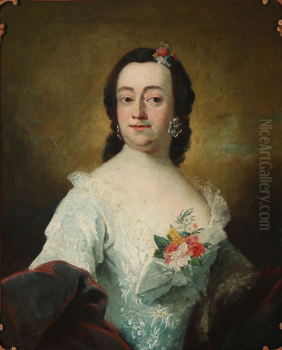 Regitze Sophie Skeel, f. baronesse Guldencrone (1706-1799). I lysebla udringet kjole med slojfe og blomsterbuket i udskaeringen. Oil Painting by Peder Als Regitze Sophie Skeel, f. baronesse Guldencrone (1706-1799). I lysebla udringet kjole med slojfe og blomsterbuket i udskaeringen. Oil Painting by Peder Als