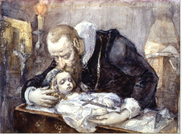 Jan Kochanowski over the dead body of his daughter, Urszulka Oil Painting by Jan Matejko