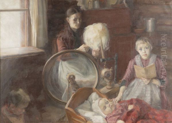 Mother and Children Oil Painting by Dora Wahlroos