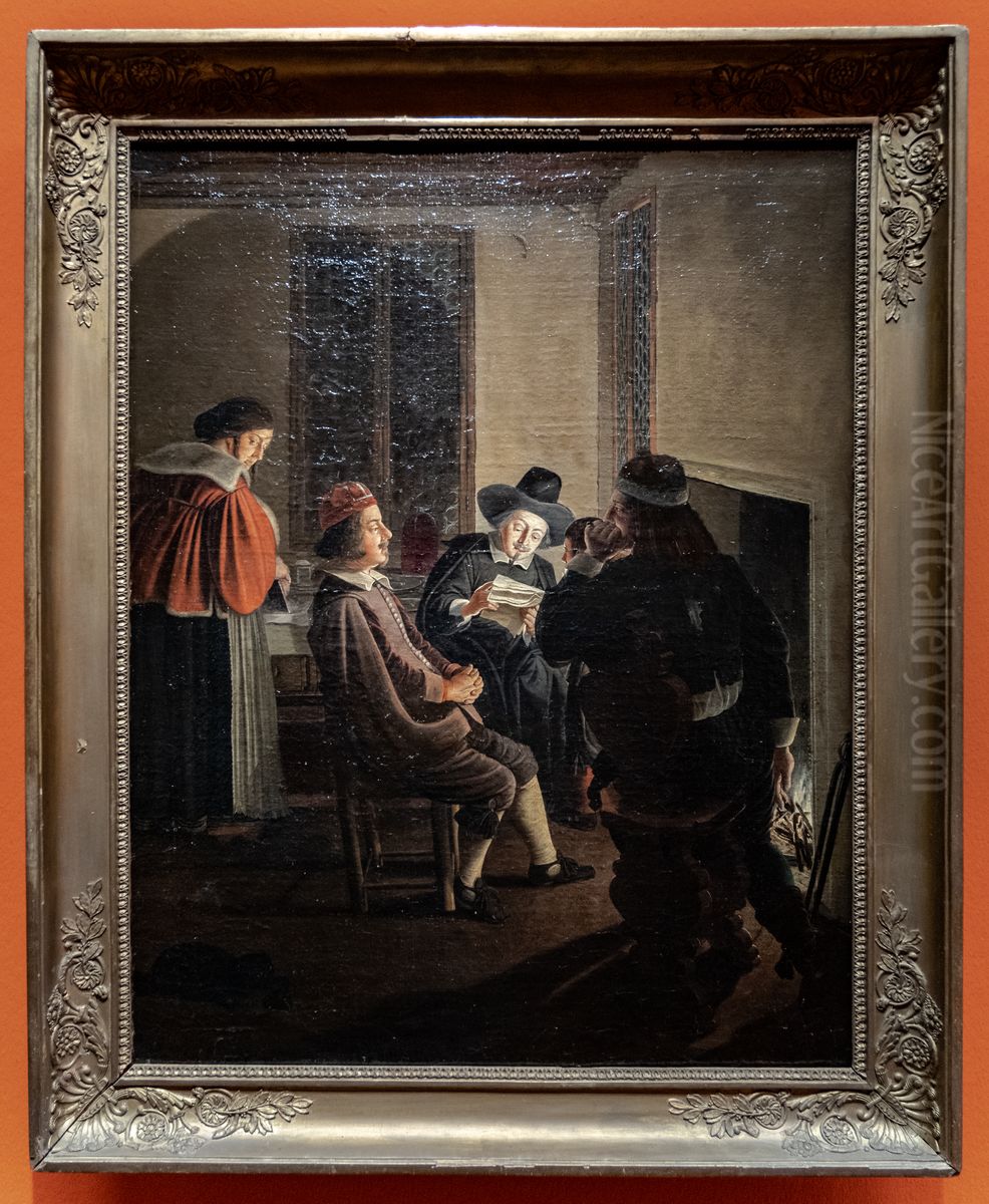Five people at a fireplace (The letter) Oil Painting by Wolfgang Heimbach
