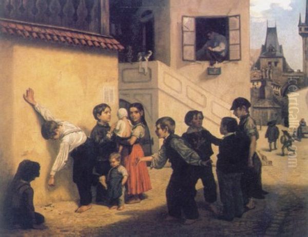 Hrajici si deti na Kampe (Deti na Kampe, Prazsti ulicnici) Oil Painting by Sobeslav Pinkas