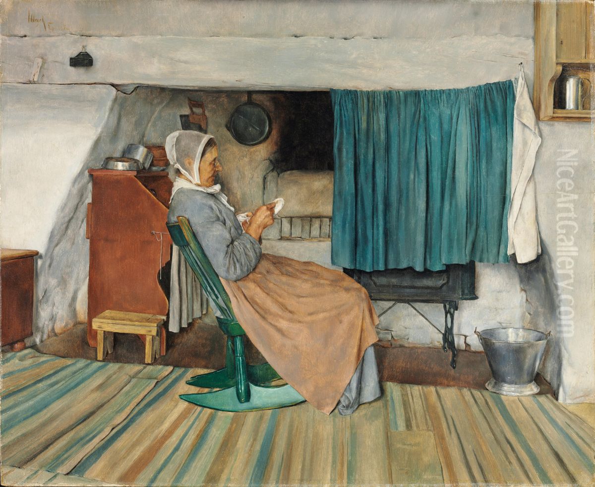 An Old Fireplace Oil Painting by Charles Frederic Ulrich