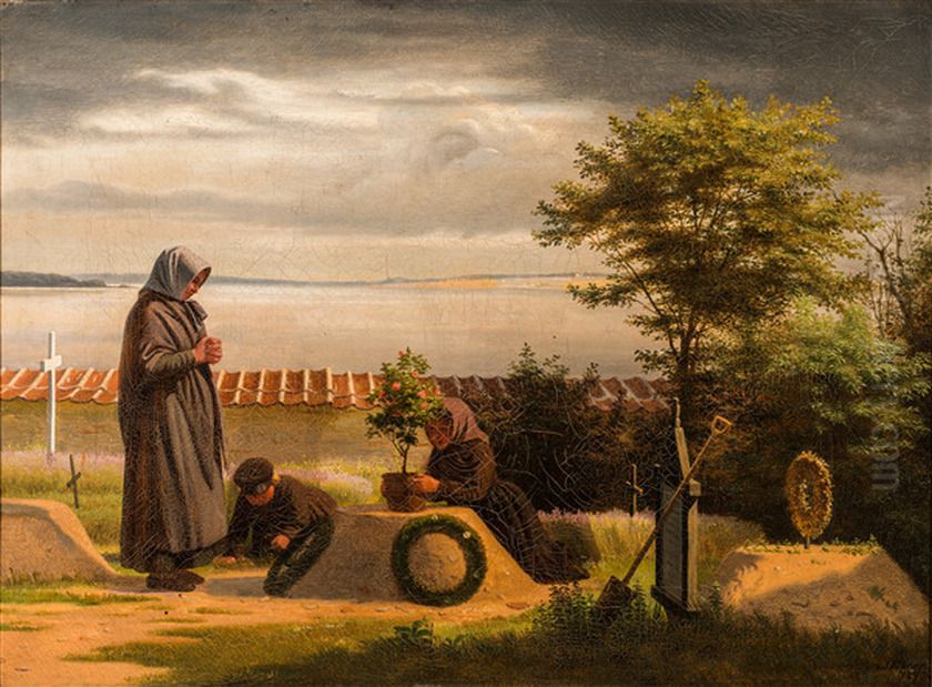 A village churchyard. Oil Painting by Julius Exner