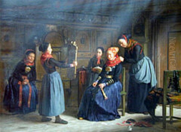 Dressing the bride. Scene from the Hollaenderby (Dutch village) on Amager. Oil Painting by Julius Exner