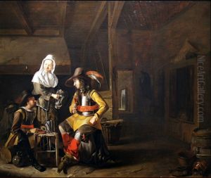 Soldiers drinking in an inn in the presence of a landlady