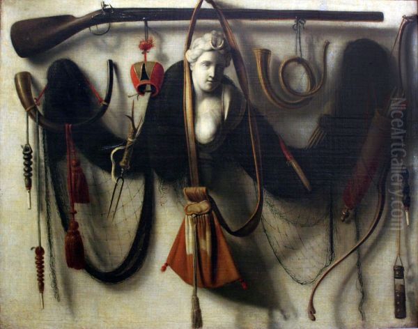 Trompe l'oeil still life with hunting equipment Oil Painting by Christoffel Pierson