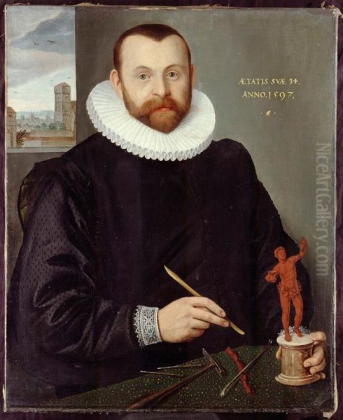 Bildnis des Goldschmiedes Christoph Jamnitzer im Alter von 33 Jahren Oil Painting by Lorenz Strauch