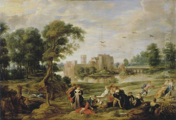 Park landscape with the castle of Ekeren in the background Oil Painting by Peter Paul Rubens