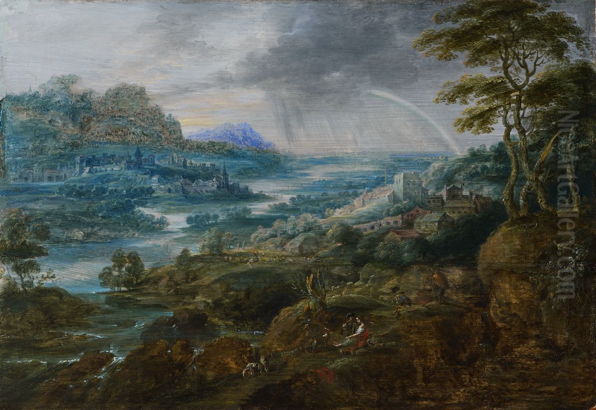 Landscape with a rainbow Oil Painting by Lucas Van Uden