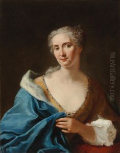 Portrait of a lady, half-length, in a golden dress with a blue fur-lined wrap