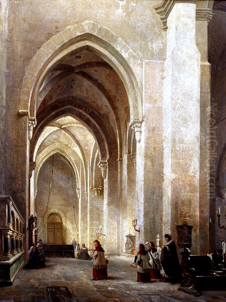 Sudliches Seitenschiff desTrierer Doms, Blick nach Westen. Oil Painting by Franz Stegmann