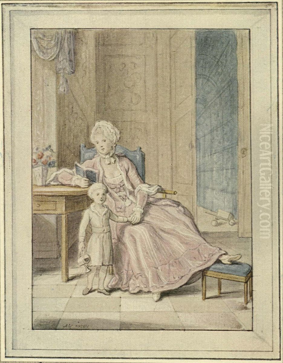 Queen Caroline Mathilde of Denmark with crown prince Frederik. First sketch. Oil Painting by Peder Als