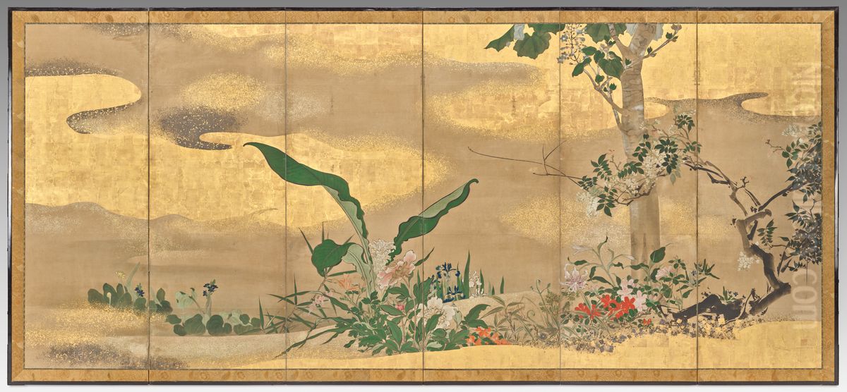 Flowers and Trees of the Four Seasons (right screen) Oil Painting by Watanabe Shiko